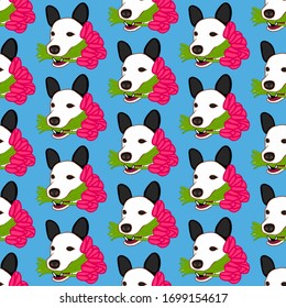 Сute dog holding bouquet of flowers in teeth - red tulips. Vector seamless pattern on blue background. Cartoon style. Design for greeting card, fashion prins, gift paper.