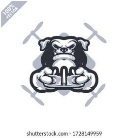 Dog holding Drone controller. Mascot logo for drone racing team, drone club or store. Design element for company logo, label, apparel or other merchandise. Scalable and editable vector illustration.