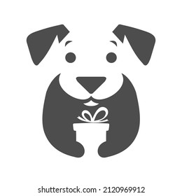 Dog holding a gift negative space logo vector icon illustration