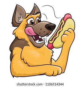 Dog is holding a hot dog