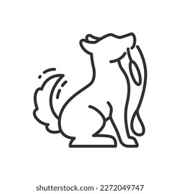 Hund, der eine Zahnspange hält, lineares Symbol, Haustier will spazieren gehen. Linie mit bearbeitbarem Hub