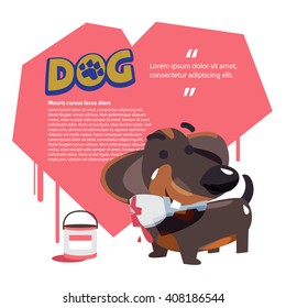 Dog holding paint brush with heart in background. llove of dog concept. dachshund - vector illustration