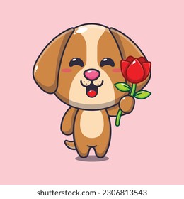 dog holding rose flower cartoon vector illustration.