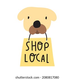 Dog Holding Shopping Bag In His Mouth. Vector Hand Drawn Illustration On White Background.