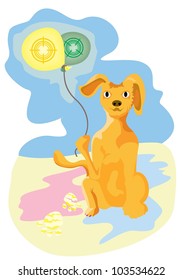 dog holding two balloon with cross point for rifle to shoot