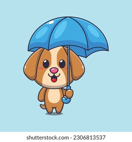 dog holding umbrella cartoon vector illustration.