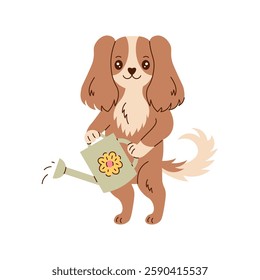 Dog Holding Watering can. Spaniel puppy Gardener hand drawn vector illustration in flat style. Springtime pet with garden tool. Spring season animal