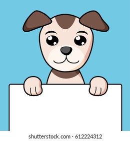 Dog holding a white blank board, card or banner. 