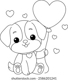 The dog holds a heart -shaped balloon with “Happy Valentine’s Day”, valentine's day coloring page for kids