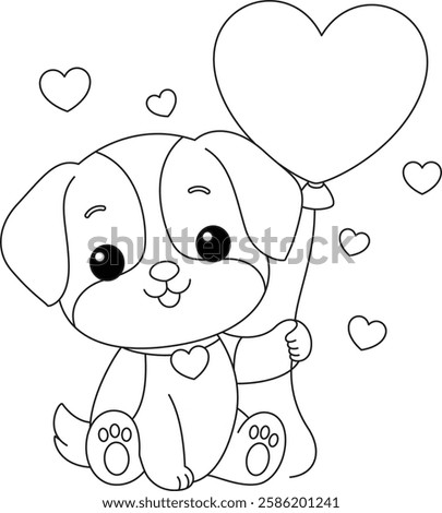 The dog holds a heart -shaped balloon with “Happy Valentine’s Day”, valentine's day coloring page for kids