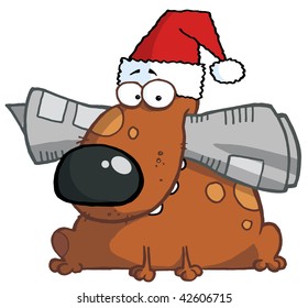 Dog holds newspaper in mouth with santa hat