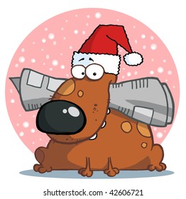 Dog holds newspaper in mouth with santa hat infront of pink snowy circle
