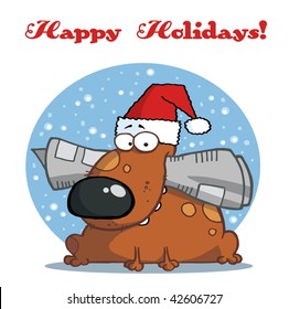 Dog holds newspaper in mouth with santa hat with happy holidays sign