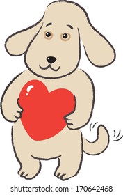 Dog holds in paws gift-heart for Valentine's day