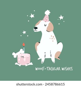 A dog in a holiday hat looking at the Birthday cake. Vector illustration, greeting card for Birthday wishes.