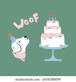 A dog in a holiday hat looking at the Birthday cake. Vector illustration, greeting card for Birthday wishes.