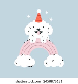 A dog in a holiday hat sitting at the rainbow, creating a joyful and celebratory atmosphere. Vector illustration, greeting card for birthday