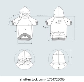 Dog hoodie with measurement guide, flat sketch, front and back views