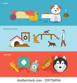 Dog horizontal banner set with walking puppy care flat elements isolated vector illustration