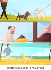 Dog horizontal banners set with walking symbols cartoon isolated vector illustration 