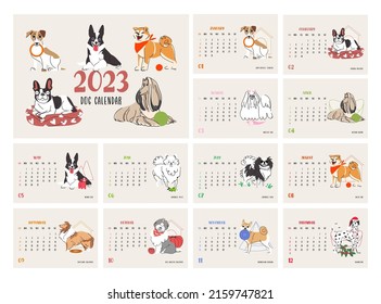 Dog horizontal desktop calendar 2023 vector. Isolated on beige background. Collection with 12 dog breeds. Cover and 12 months pages with seasonal flat illustrations A5. Week starts on Sunday