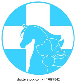 dog, horse, rabbit and cross mark the veterinary clinic, pet health, web icon white silhouette on a blue background. vector illustration, medical sign