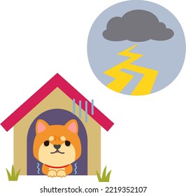 Dog in a dog house afraid of thunder