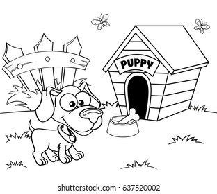 Dog and house. Black and white illustration for coloring book