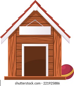 Dog House with Blank Banner, and dog ball besides dog douse. Vector illustration cartoon.