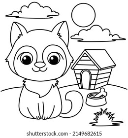Dog and house cartoon illustration vector . Black and white illustration for coloring book