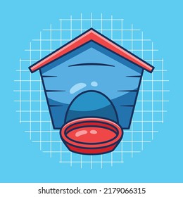 Dog house and feeding area vector illustration. Flat cartoon style.