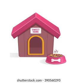 Dog house, dog food, bone, plate