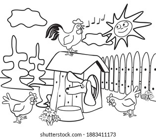 Dog at house, hens a and rooster in the garden, funny vector illustration, coloring book