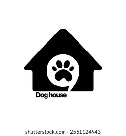 Dog house icon with paw symbol, cartoon vector illustration