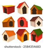 Dog house icon set. Cartoon pet accessory. Petshop supermarket item. Empty pet home with roof. House for domestic animal. Isolated flat vector illustration