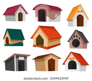 Dog house icon set. Cartoon pet accessory. Petshop supermarket item. Empty pet home with roof. House for domestic animal. Isolated flat vector illustration