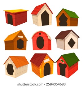 Dog house icon set. Cartoon pet accessory. Petshop supermarket item. Empty pet home with roof. House for domestic animal. Isolated flat vector illustration