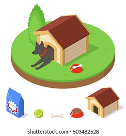 Dog in dog house. Kennel and other dogs objects stuff. Isometric vector illustration