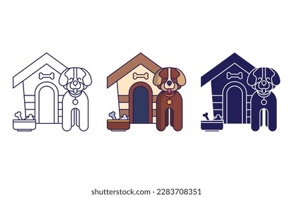 Dog house line and solid vector icons