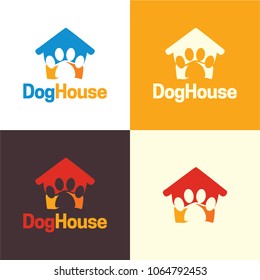 Dog House Logo and Icon. Vector Illustration. Playful and clever logo featuring a dog house with a dog or cat paw as its door.