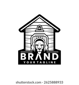 Dog house logo illustration design. Dog house logo in front of the door has a dog head coming out. Black and white dog and house vector logo.
