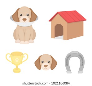 Dog house, protective collar, dog muzzle, cup. Dog set collection icons in cartoon style vector symbol stock illustration web.