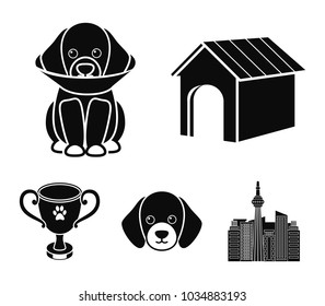 Dog house, protective collar, dog muzzle, cup. Dog set collection icons in black style vector symbol stock illustration web.