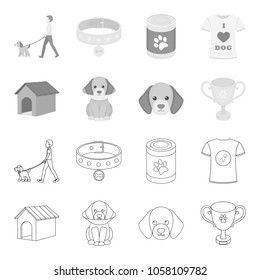 Dog house, protective collar, dog muzzle, cup. Dog set collection icons in outline,monochrome style vector symbol stock illustration web.