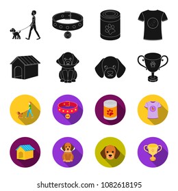 Dog house, protective collar, dog muzzle, cup. Dog set collection icons in black,flet style vector symbol stock illustration web.