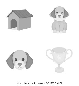 Dog house, protective collar, dog muzzle, cup. Dog set collection icons in monochrome style vector symbol stock illustration web.