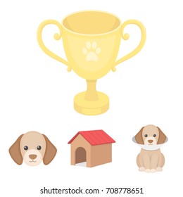 Dog house, protective collar, dog muzzle, cup. Dog set collection icons in cartoon style vector symbol stock illustration web.