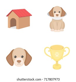 Dog house, protective collar, dog muzzle, cup. Dog set collection icons in cartoon style vector symbol stock illustration web.