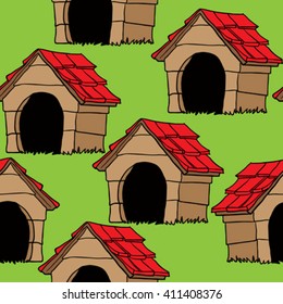dog house seamless pattern on green