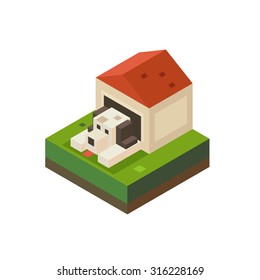 El perro está en la casa de los perros. Ilustración plana vectorial en estilo isométrico